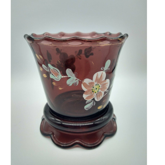 Vintage Amethyst Glass Vase 4” Hand Painted Floral Gold Trim Wear - Picture 2 of 11